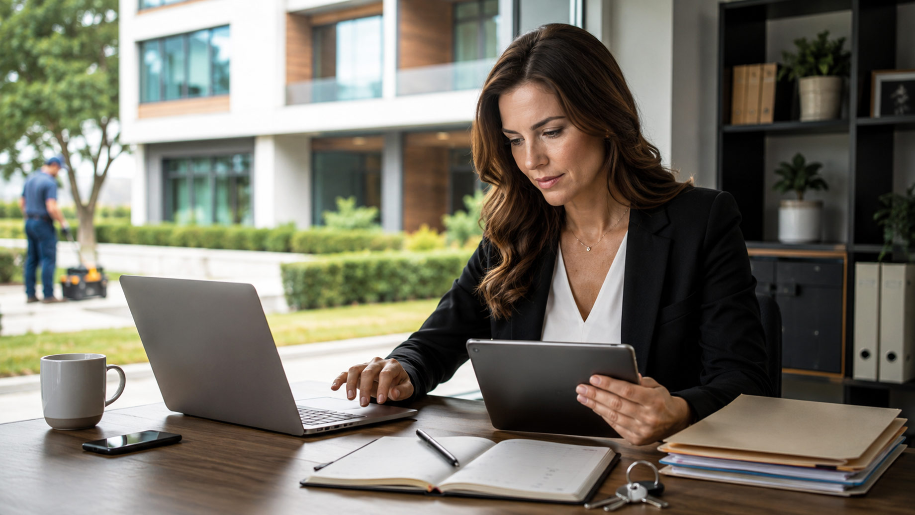 Property owner managing rental records on a laptop and tablet while a maintenance professional works outside a modern residential building.