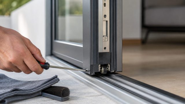 Technician adjusts the lower roller of a modern sliding glass door beside a clean track, brush, and folded cloth.
