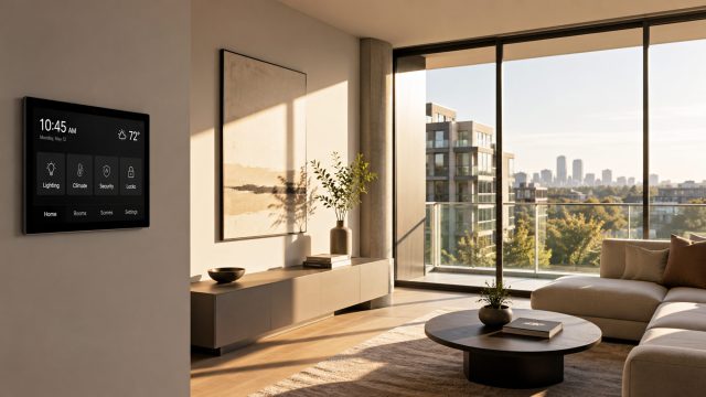Minimal luxury apartment living room with a smart home control panel, floor-to-ceiling windows, and warm natural sunlight.