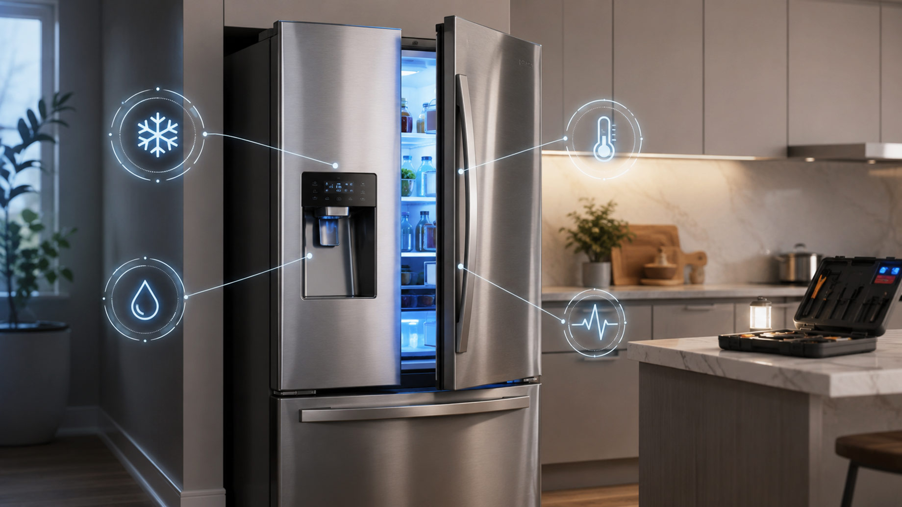 Stainless steel smart refrigerator with open doors, digital diagnostic symbols, and a technician’s tool kit inside a modern kitchen.
