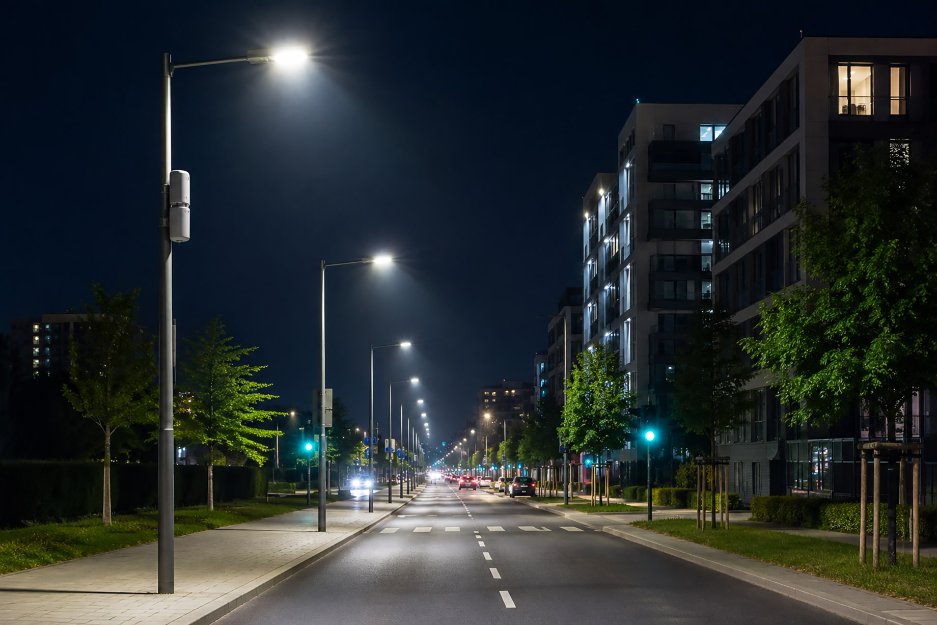 Modern city road at night with illuminated smart streetlights, mounted control devices, apartment buildings, trees, and light traffic.