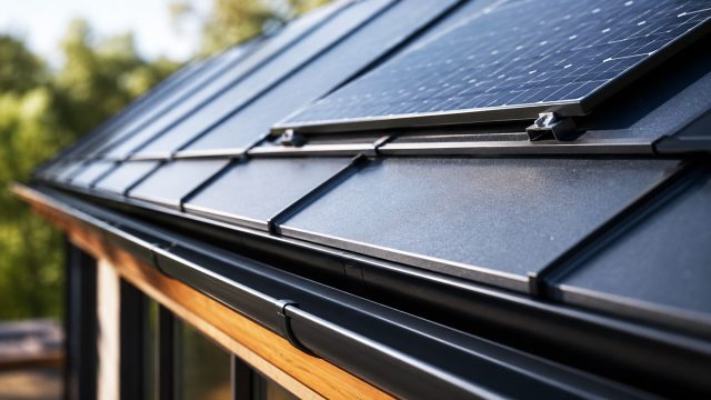 Close-up of solar panels mounted on durable dark metal roofing with integrated gutters and precisely fitted weatherproof connections.