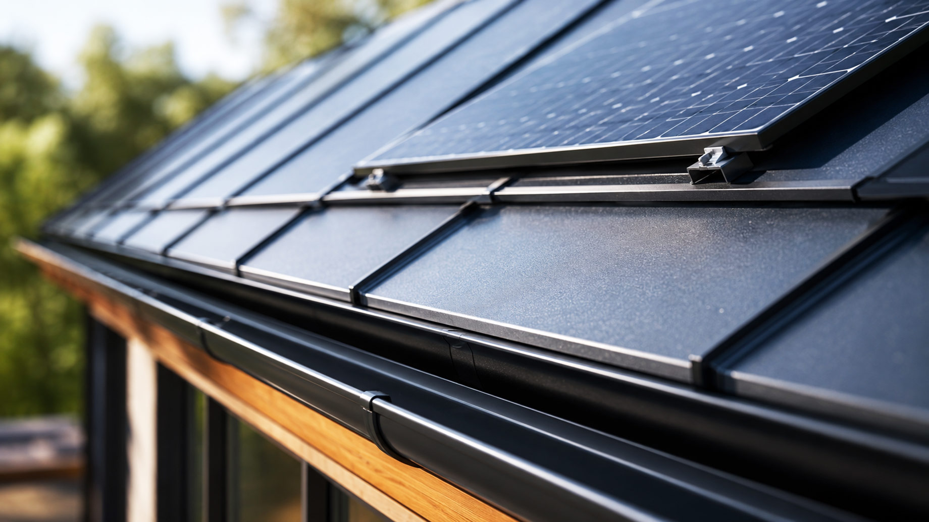 Close-up of solar panels mounted on durable dark metal roofing with integrated gutters and precisely fitted weatherproof connections.