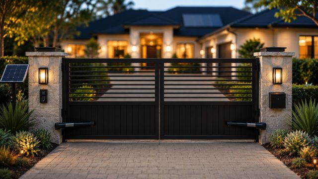 Modern black automatic driveway gate with stone pillars, solar panel, keypad access, warm lighting, landscaping, and a luxury home entrance.