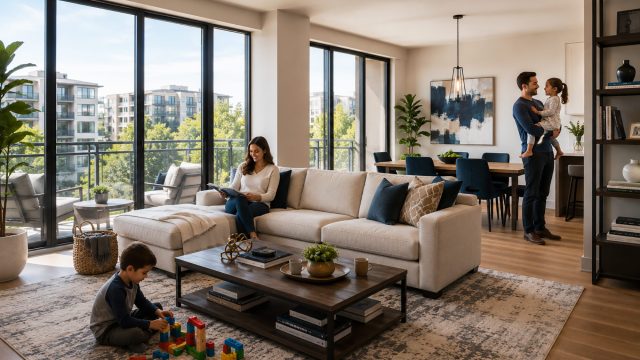 Family enjoying a bright open-plan apartment with a large living area, dining space, balcony, and room for children to play.