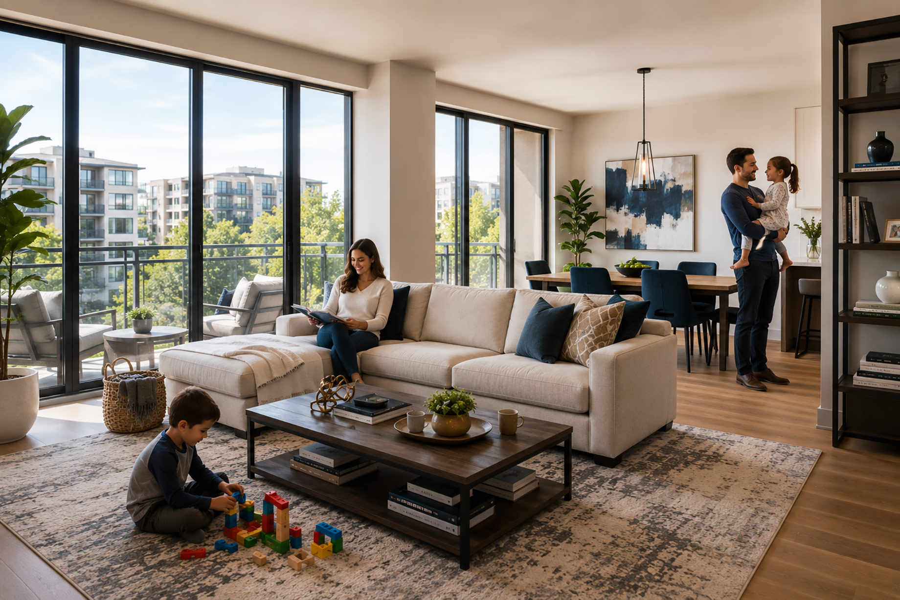 Family enjoying a bright open-plan apartment with a large living area, dining space, balcony, and room for children to play.