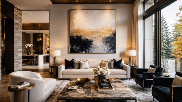 Luxury living room with large abstract wall art, neutral seating, stone surfaces, designer lighting, and floor-to-ceiling windows.