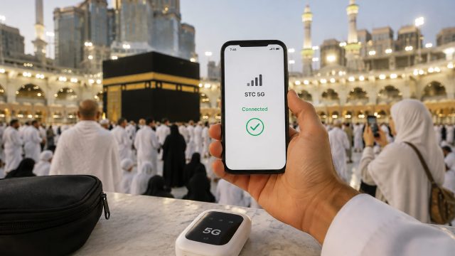 Hand holding a smartphone showing a 5G connection near the Kaaba at Masjid al-Haram, with pilgrims and a portable mobile hotspot.