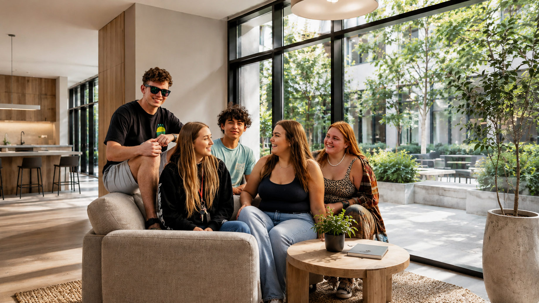 Five university students relaxing together in a bright modern lounge overlooking a landscaped courtyard.