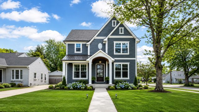 Blue-gray two-story suburban home with white trim, front porch, manicured lawn, hydrangeas, mature tree, and clear walkway.