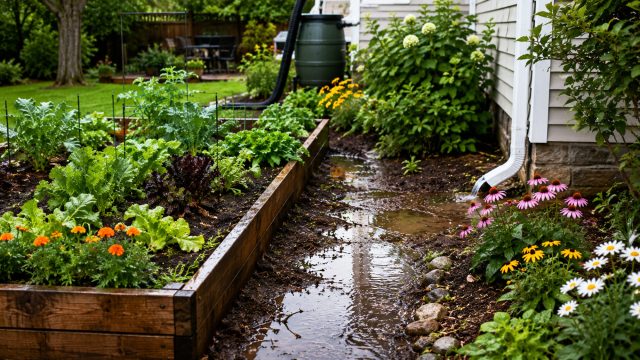 Raised vegetable beds and flowering borders beside a house show pooling rainwater, saturated soil, and roof runoff near a downspout.