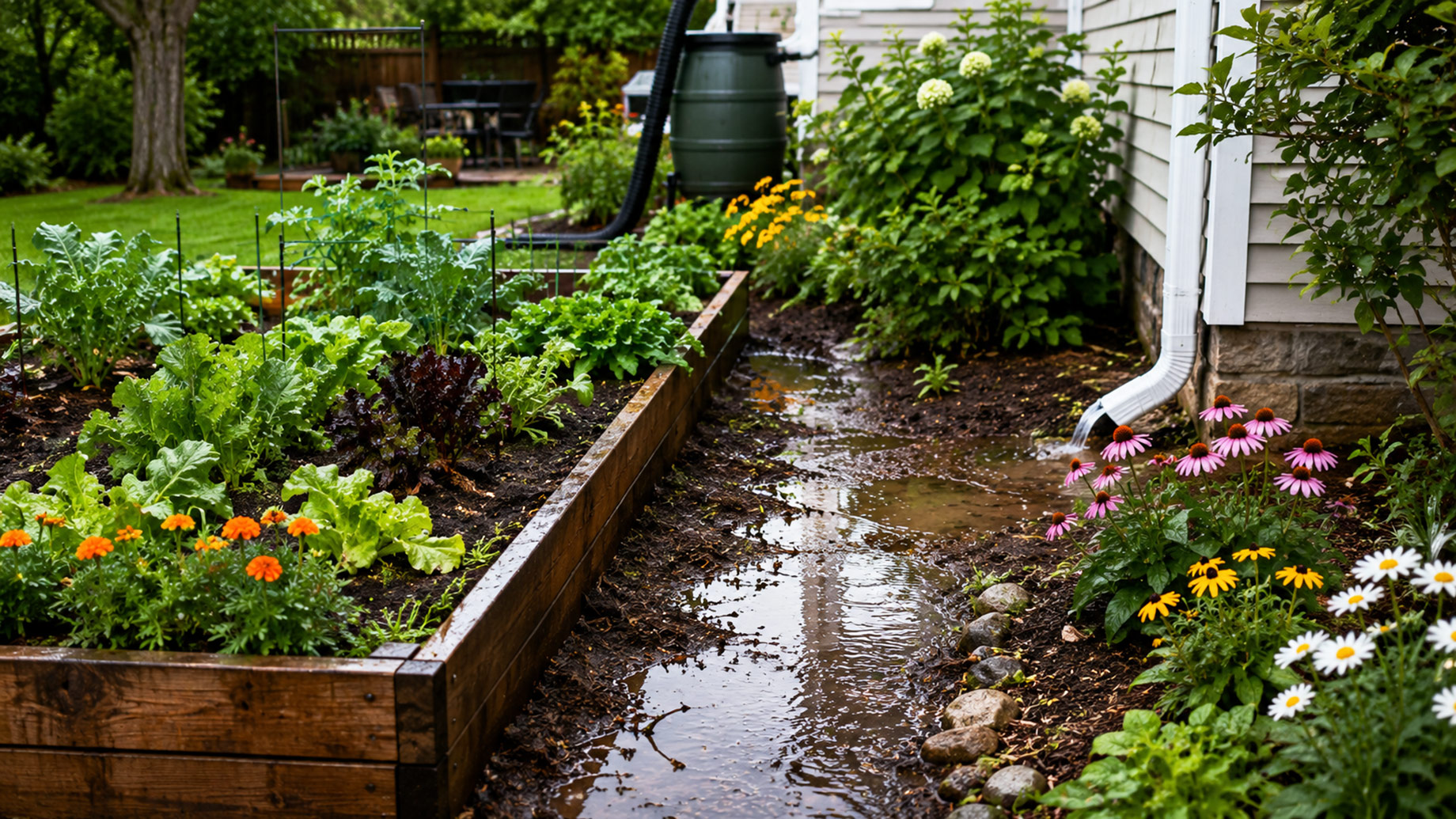 Raised vegetable beds and flowering borders beside a house show pooling rainwater, saturated soil, and roof runoff near a downspout.