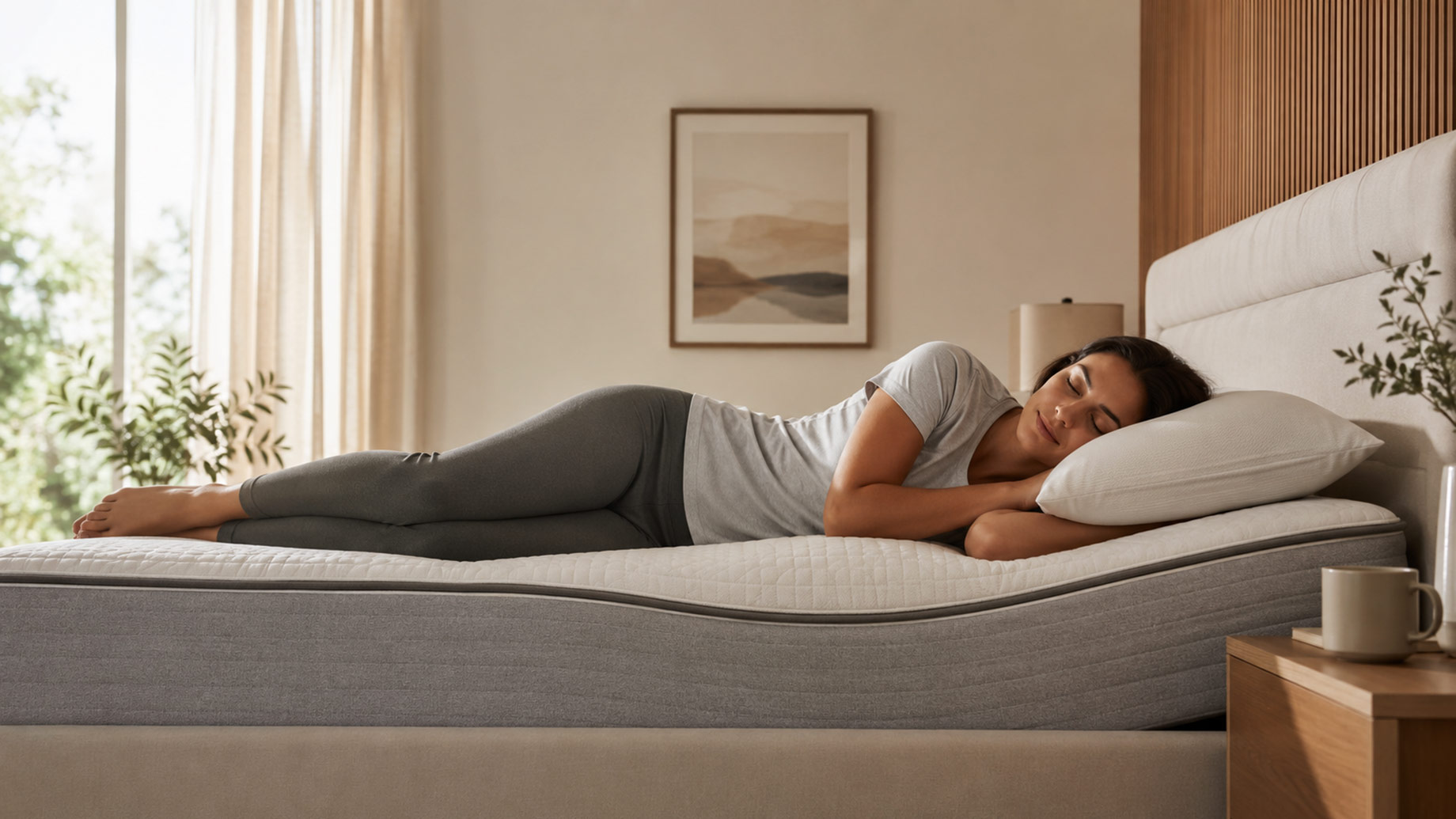 Woman sleeping comfortably on her side on a supportive mattress with her head, shoulders, hips, and legs positioned in natural alignment.