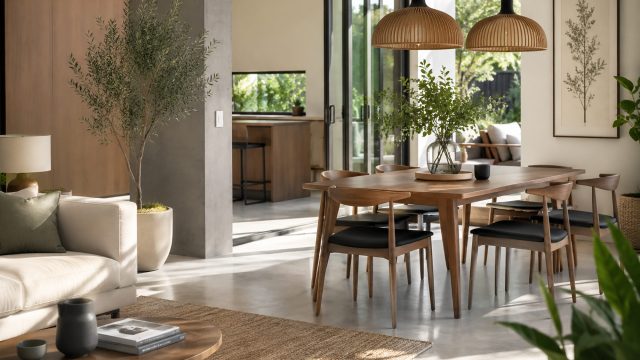 Bright open-plan living and dining space with timber furniture, indoor greenery, polished concrete flooring, and large glass doors opening to a garden.
