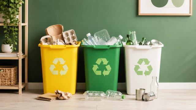 Three recycling bins separating paper, plastic, glass, and metal within a clean contemporary interior with green walls and natural wood accents.