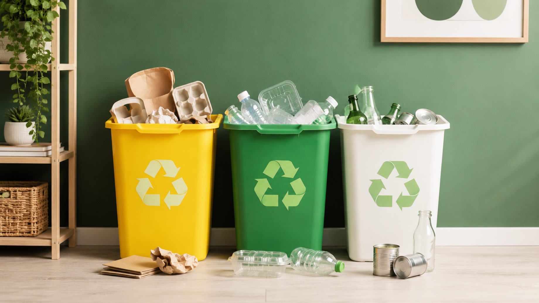 Three recycling bins separating paper, plastic, glass, and metal within a clean contemporary interior with green walls and natural wood accents.