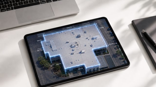 Tablet on a white desk displaying an aerial commercial roof view with glowing measurement outlines, beside a laptop, notebook, and pen.