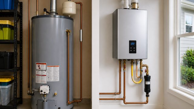 Side-by-side view of a traditional tank water heater and a wall-mounted tankless water heater in a clean utility space.