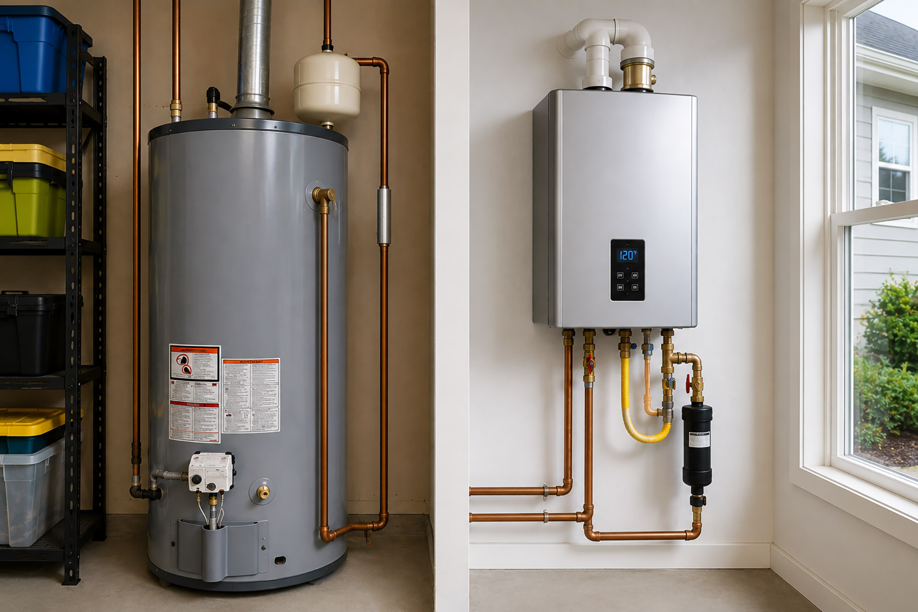 Side-by-side view of a traditional tank water heater and a wall-mounted tankless water heater in a clean utility space.