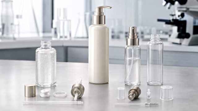 Cosmetic bottles, lotion pumps, fine-mist sprayers, dip tubes, liners, gaskets, and caps arranged for packaging compatibility testing.