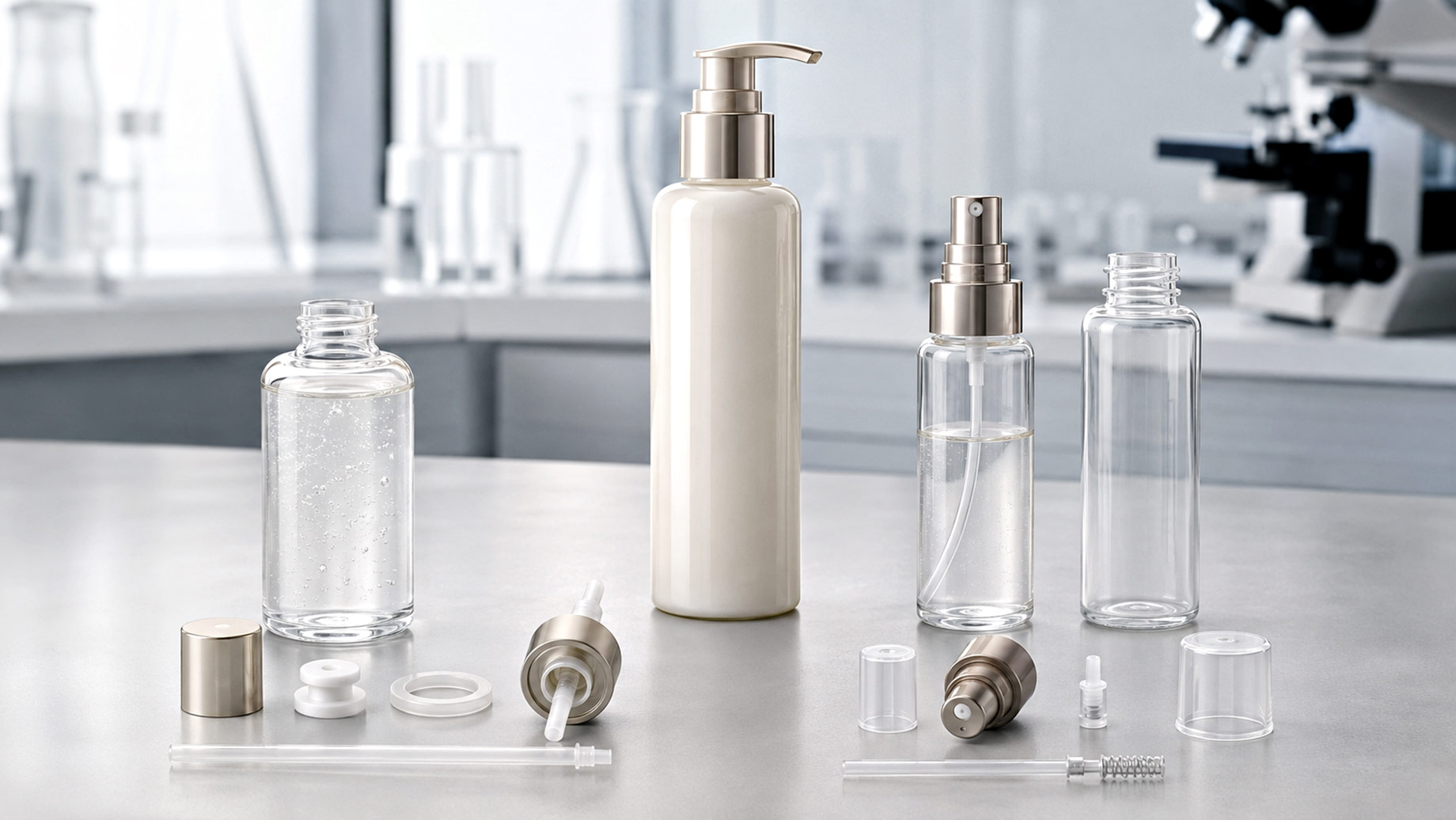 Cosmetic bottles, lotion pumps, fine-mist sprayers, dip tubes, liners, gaskets, and caps arranged for packaging compatibility testing.