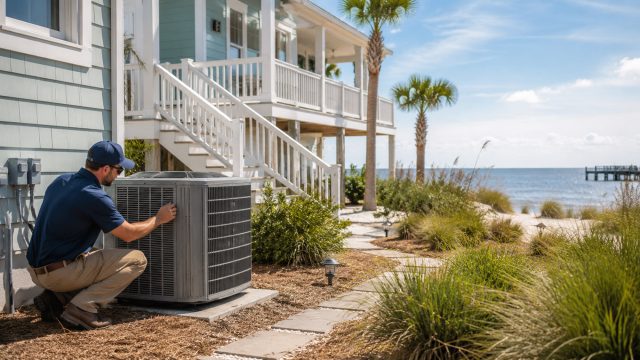 Technician servicing an outdoor air-conditioning unit beside an elevated beach house on the Texas Gulf Coast, with palms and shoreline in view.