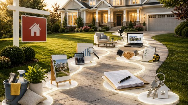 Suburban house with home preparation tools, property photography equipment, market analysis, inspection documents, a handshake, and keys arranged along the path.