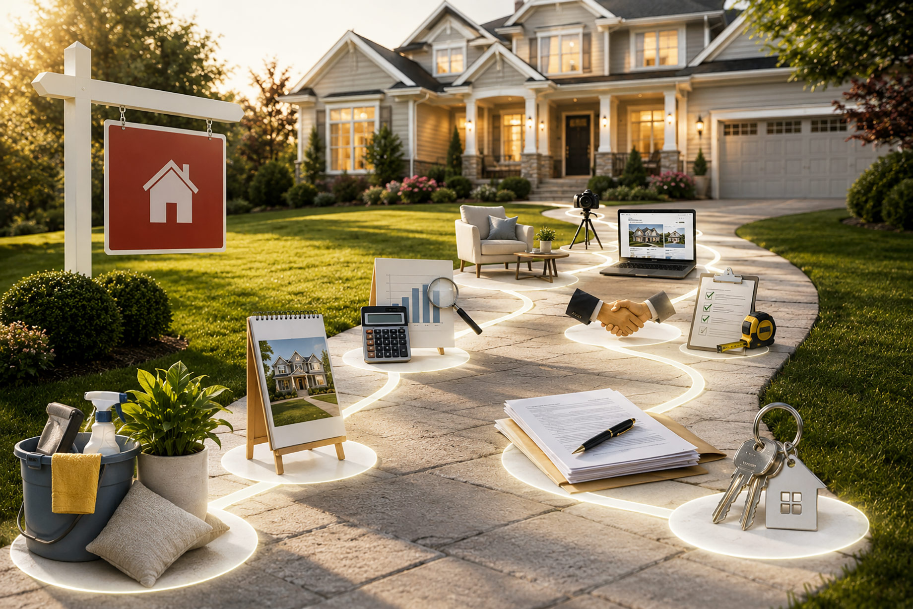 Suburban house with home preparation tools, property photography equipment, market analysis, inspection documents, a handshake, and keys arranged along the path.