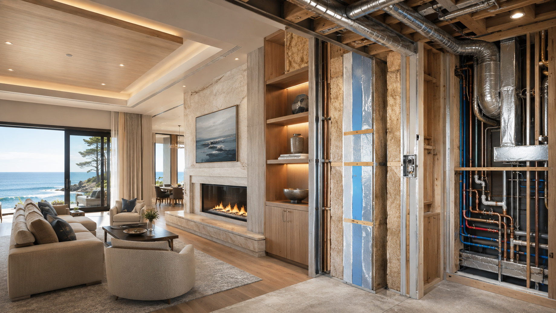 Luxury coastal living room with an exposed wall section revealing insulation, HVAC ducts, plumbing, wiring, and moisture-control systems.