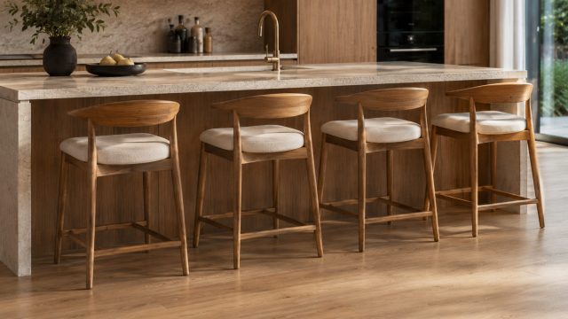 Four timber bar stools with curved backrests and upholstered seats arranged along a stone kitchen island in a warm modern interior.