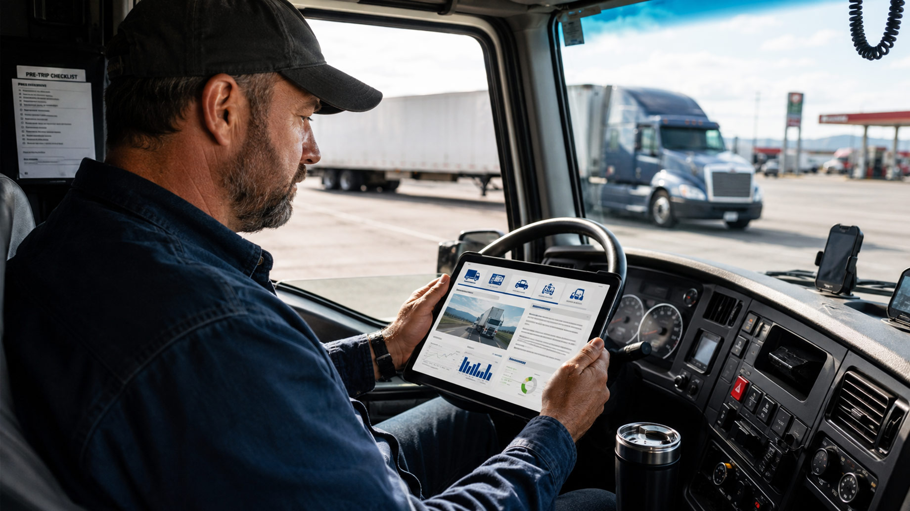 Professional truck driver reviewing trucking news, freight market data, regulatory updates, and industry trends on a tablet inside a parked semi-truck.