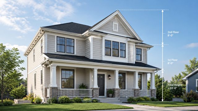 Two-story suburban house with measurement lines showing eight-foot floors and an approximate total height of 24 feet.