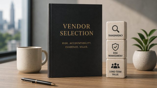 Vendor selection book displayed beside blocks representing transparency, risk management, and long-term value on a modern executive desk.
