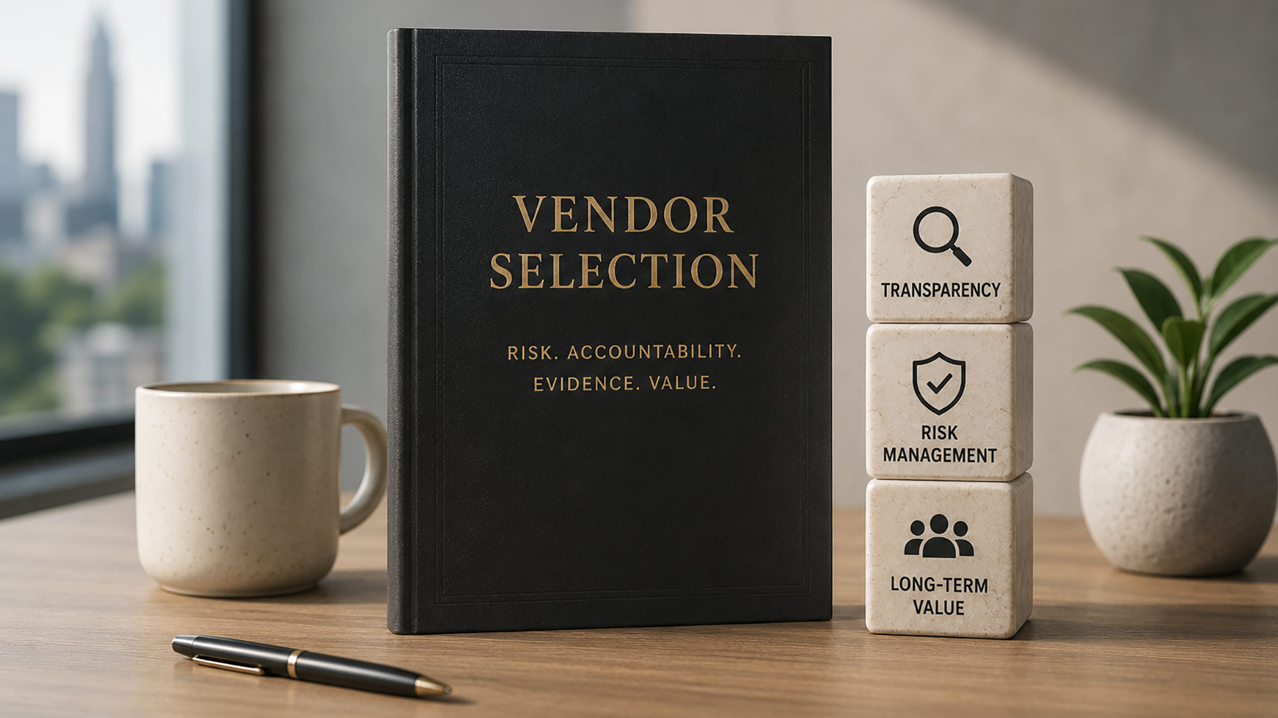 Vendor selection book displayed beside blocks representing transparency, risk management, and long-term value on a modern executive desk.