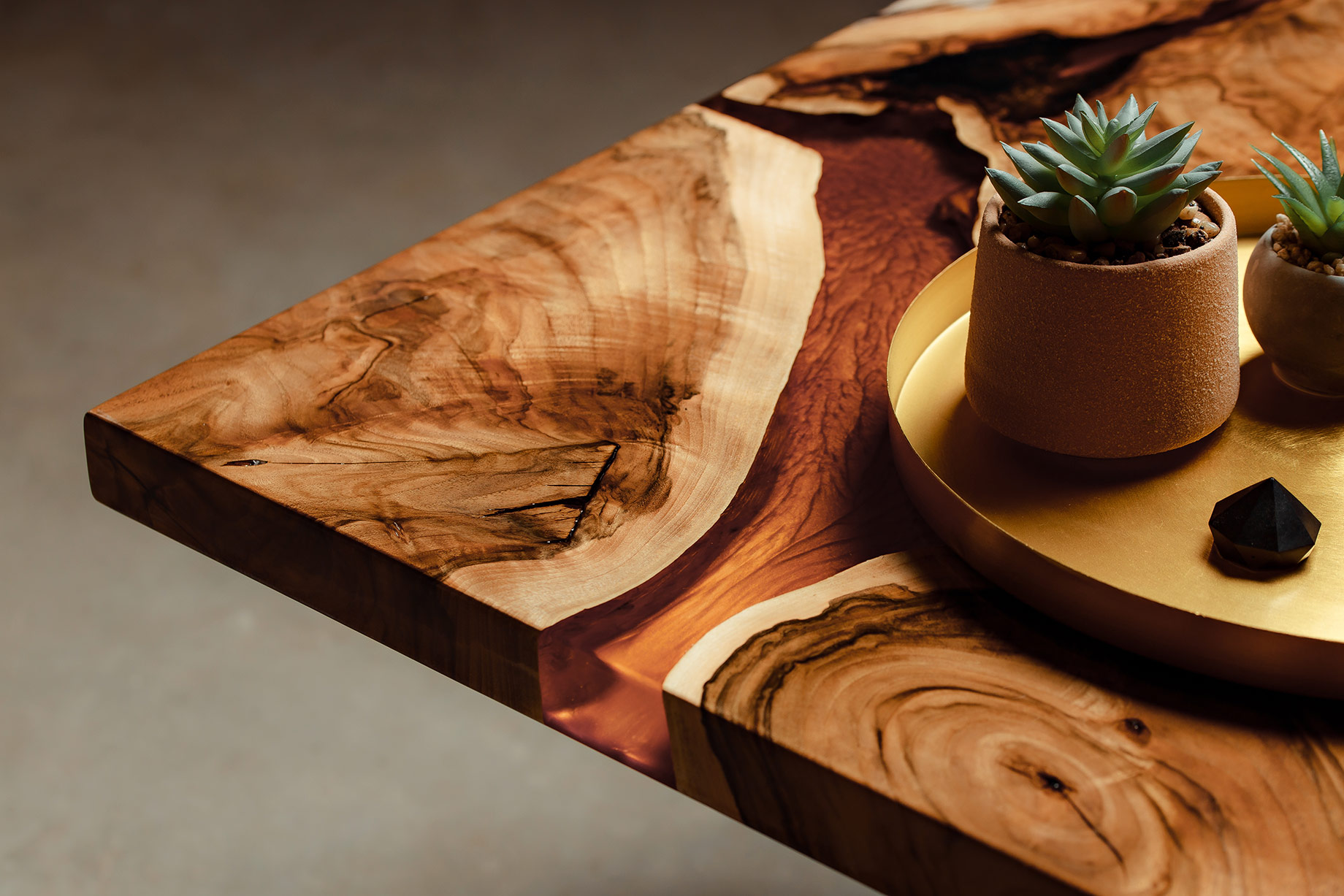 Vintage Wood-Epoxy Resin Table with Small Cacti in Concrete Pots on Copper Spacing