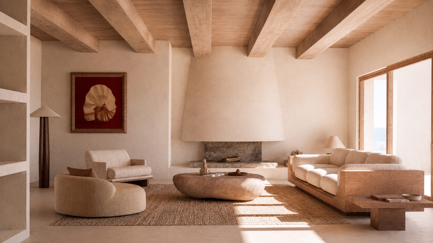 Apaulinha living room with exposed timber beams, neutral furnishings, and a sculptural fireplace.