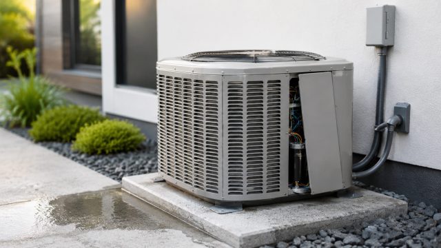 Modern outdoor air conditioning unit with an exposed service panel and pooled water beside a contemporary home.