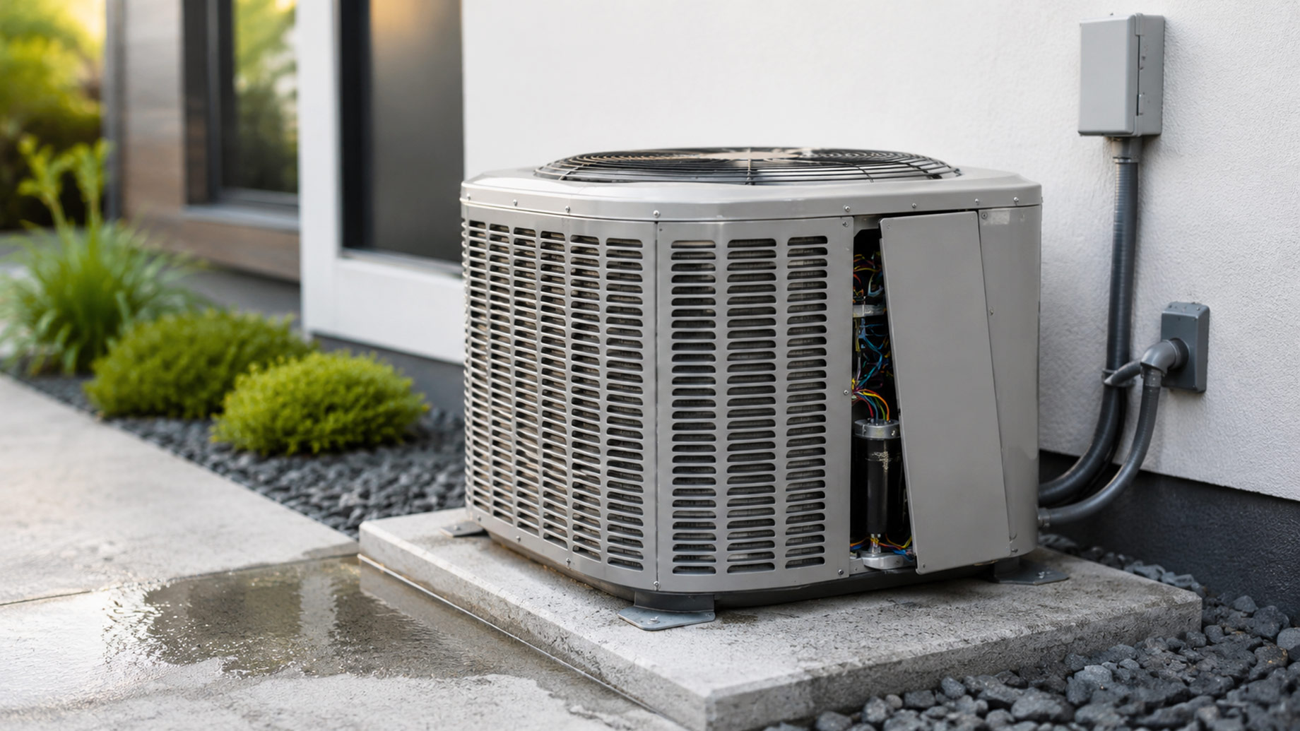 Modern outdoor air conditioning unit with an exposed service panel and pooled water beside a contemporary home.