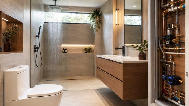 Modern bathroom with a rainfall shower, water-saving toilet, floating vanity, and accessible plumbing controls for pressure and water monitoring.
