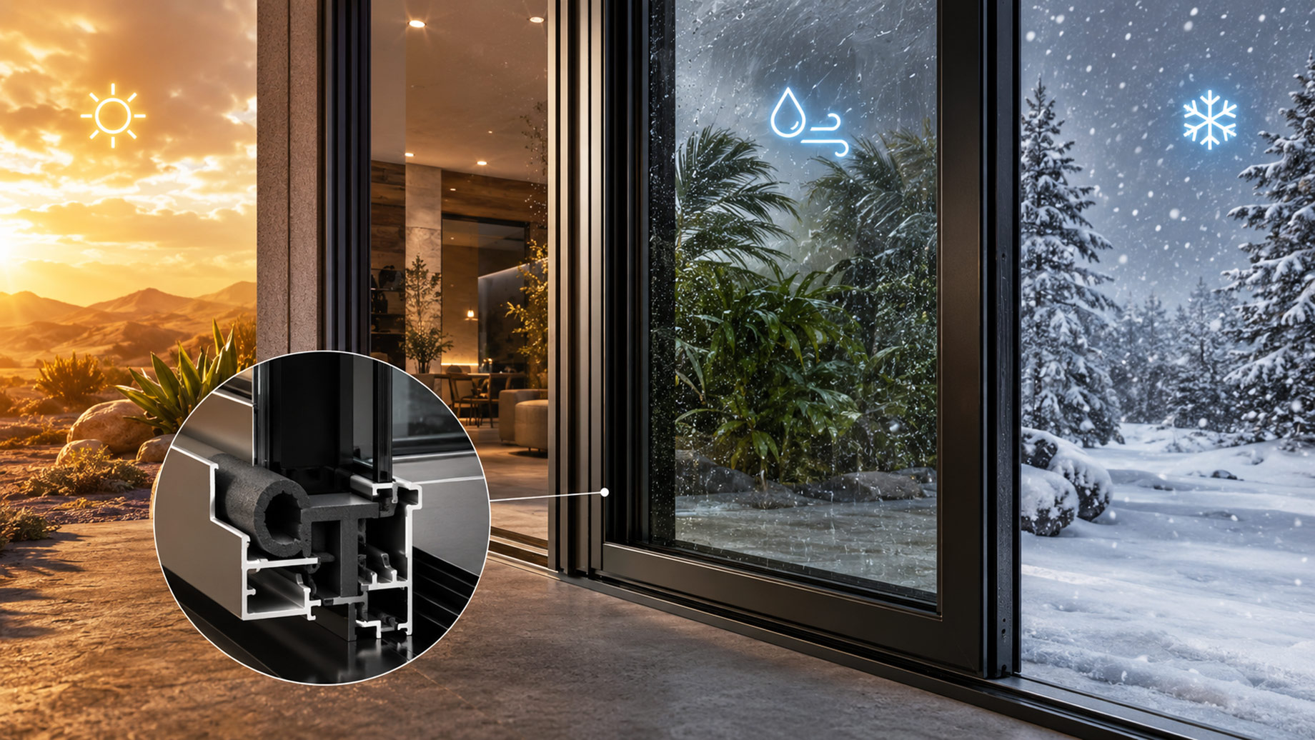 Modern sliding door with a detailed seal cross-section blending hot desert, heavy rain, and snowy winter conditions across one setting.
