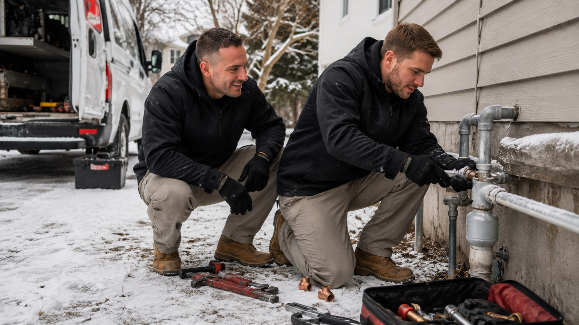 Two plumbers in black winter workwear repairing exterior piping beside a snow-covered residential property with tools and a service van nearby.