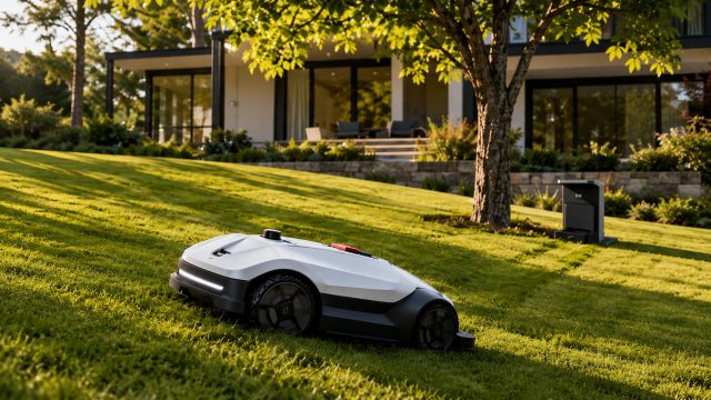 White all-wheel-drive robotic lawn mower cutting a gently sloped lawn outside a modern home in warm afternoon sunlight.