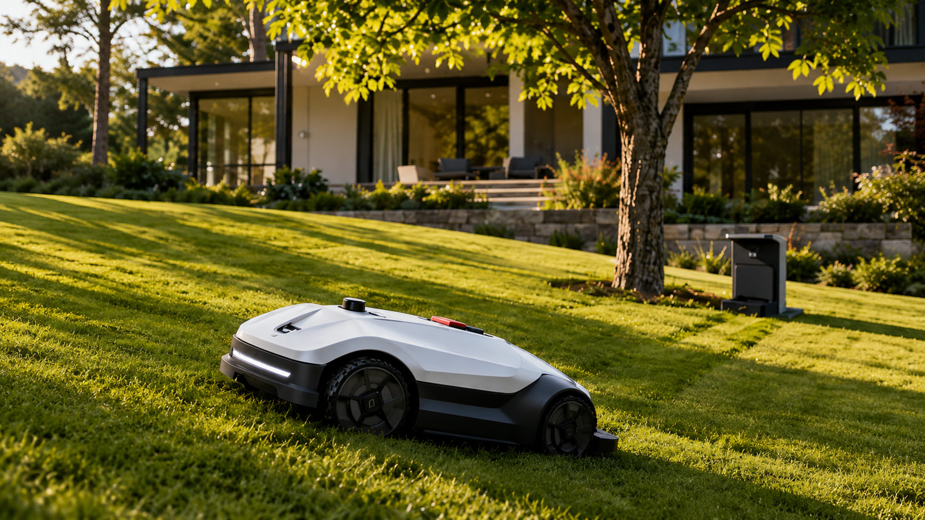 White all-wheel-drive robotic lawn mower cutting a gently sloped lawn outside a modern home in warm afternoon sunlight.