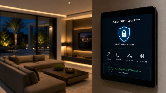 Wall-mounted smart home control panel displaying Zero Trust security verification inside an elegant modern living room at night.