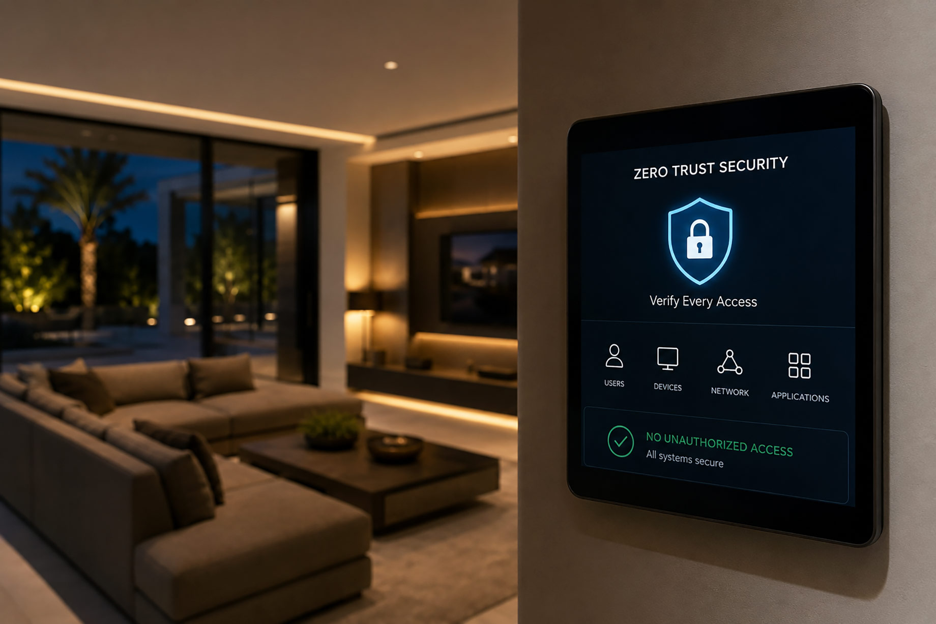 Wall-mounted smart home control panel displaying Zero Trust security verification inside an elegant modern living room at night.