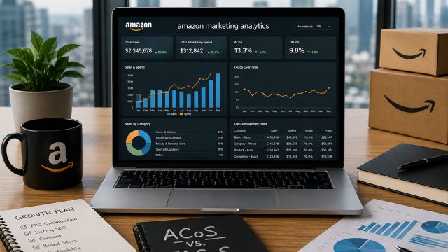 Laptop displaying Amazon sales, advertising spend, ACoS, TACoS, and campaign profitability data beside branded packages and marketing plans.