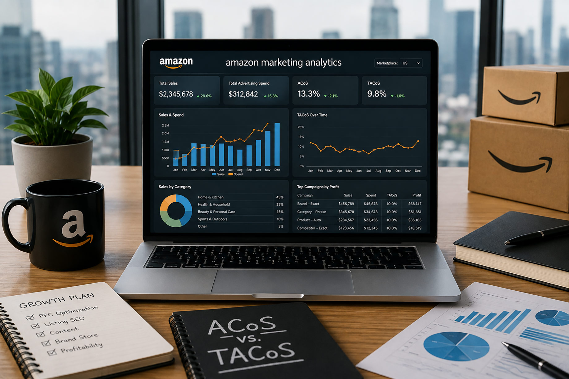 Laptop displaying Amazon sales, advertising spend, ACoS, TACoS, and campaign profitability data beside branded packages and marketing plans.