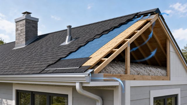 Residential roof cutaway showing shingles, underlayment, decking, rafters, insulation, flashing, ventilation, and gutters.