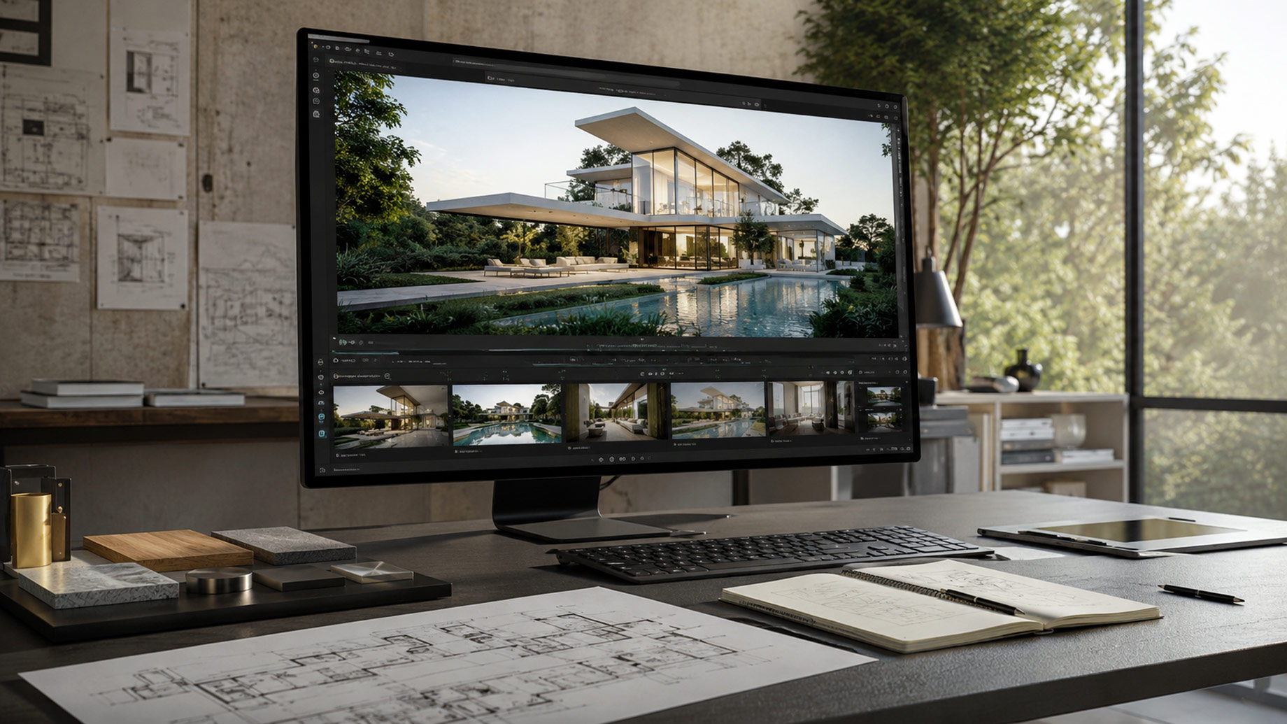 Architectural studio workspace with a monitor displaying a modern property visualization, floor plans, material samples, sketches, and design references.