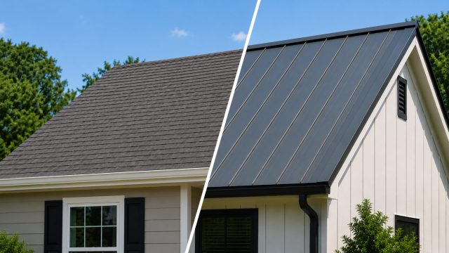 Side-by-side comparison of perfectly aligned asphalt shingles and dark standing-seam metal roofing on two modern homes.
